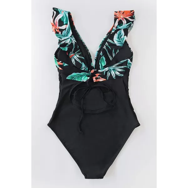 imageCUPSHE Womens Ruffled One Piece Swimsuit V Neck Lace UpTropical Flower Print