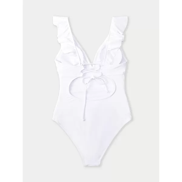 imageCUPSHE Womens Ruffled One Piece Swimsuit V Neck Lace UpWhite