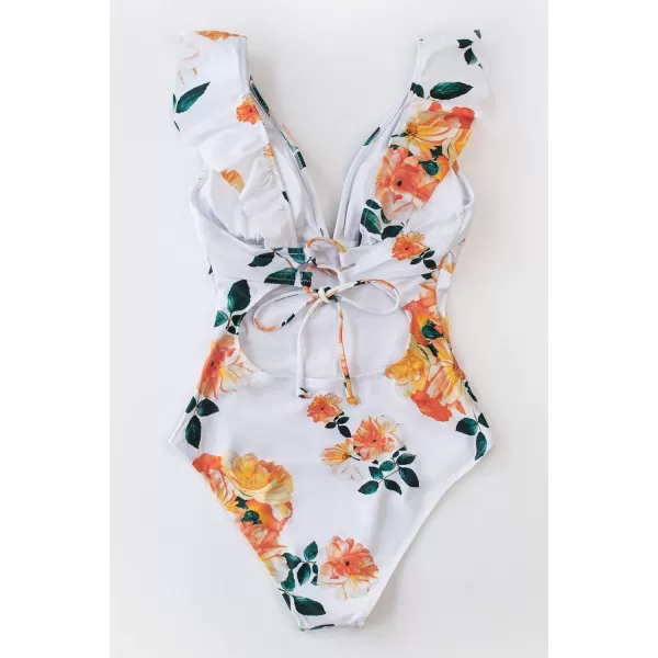 imageCUPSHE Womens Ruffled One Piece Swimsuit V Neck Lace UpWhite Floral