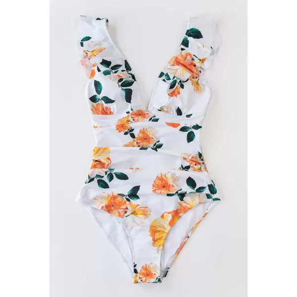 imageCUPSHE Womens Ruffled One Piece Swimsuit V Neck Lace UpWhite Floral