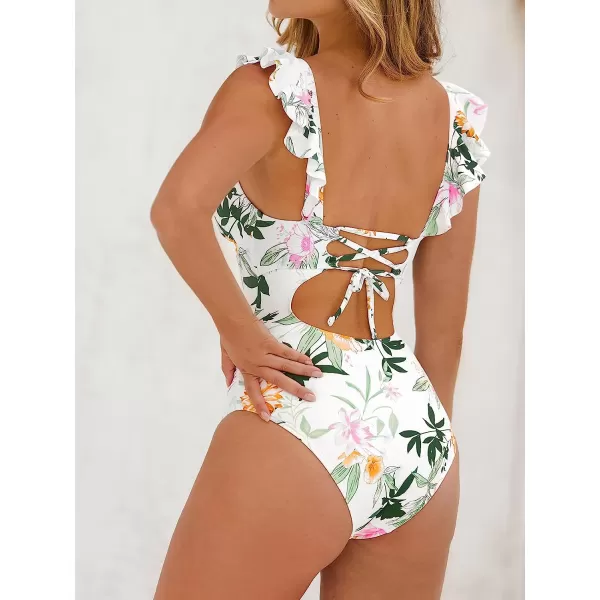 imageCUPSHE Womens Ruffled One Piece Swimsuit V Neck Lace UpWhite Tropical Flower