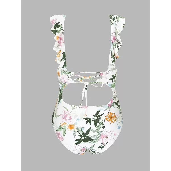 imageCUPSHE Womens Ruffled One Piece Swimsuit V Neck Lace UpWhite Tropical Flower