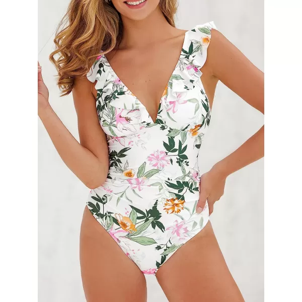 imageCUPSHE Womens Ruffled One Piece Swimsuit V Neck Lace UpWhite Tropical Flower