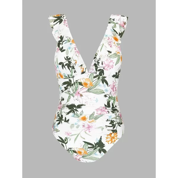 imageCUPSHE Womens Ruffled One Piece Swimsuit V Neck Lace UpWhite Tropical Flower