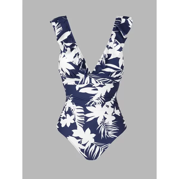 imageCUPSHE Womens Ruffled One Piece Swimsuit V Neck Lace UpWhite Tropical Print