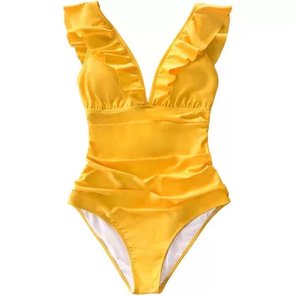 imageCUPSHE Womens Ruffled One Piece Swimsuit V Neck Lace UpYellow