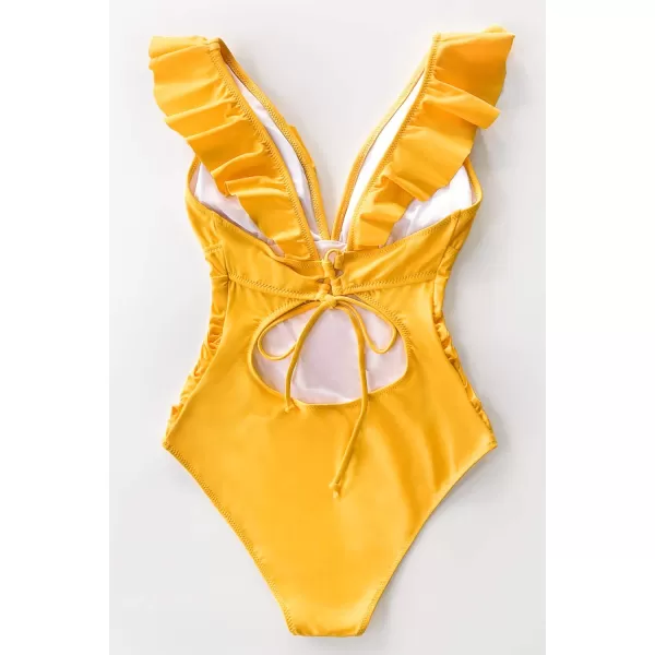 imageCUPSHE Womens Ruffled One Piece Swimsuit V Neck Lace UpYellow