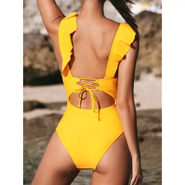 imageCUPSHE Womens Ruffled One Piece Swimsuit V Neck Lace UpYellow