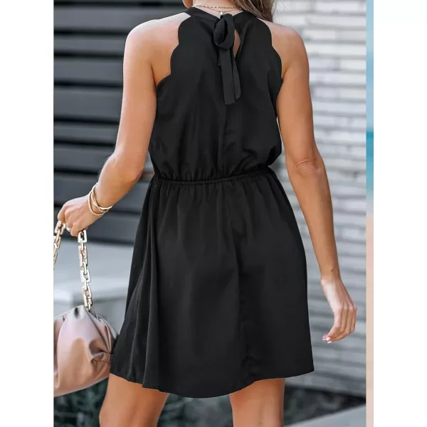 imageCUPSHE Womens Scalloped Halter Romper Sleeveless Short Jumpsuit Halter Elasticized Empire Waist OutfitBlack