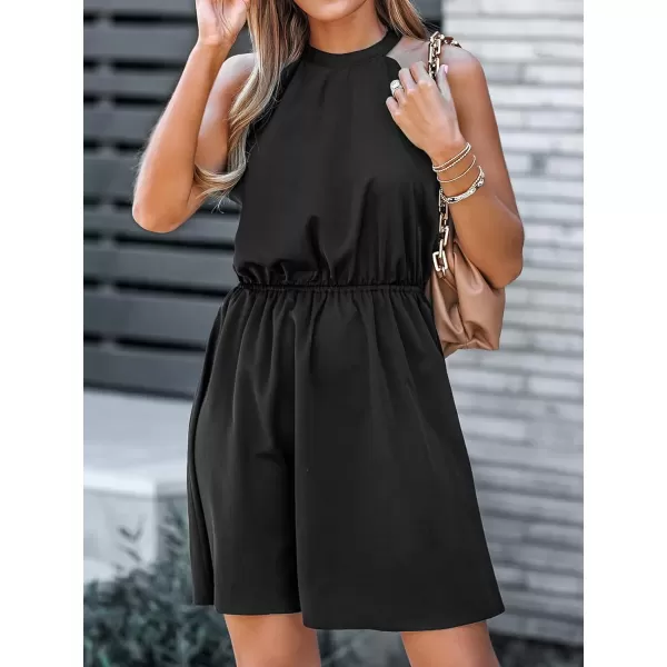imageCUPSHE Womens Scalloped Halter Romper Sleeveless Short Jumpsuit Halter Elasticized Empire Waist OutfitBlack