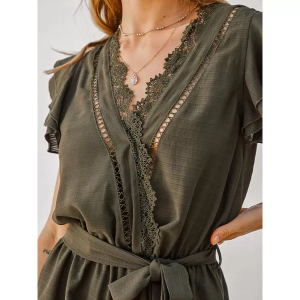 imageCUPSHE Womens Scalloped Lace Ruffled Belted Romper V Neck Jumpsuits Wide Leg Outfit CasualDark Green