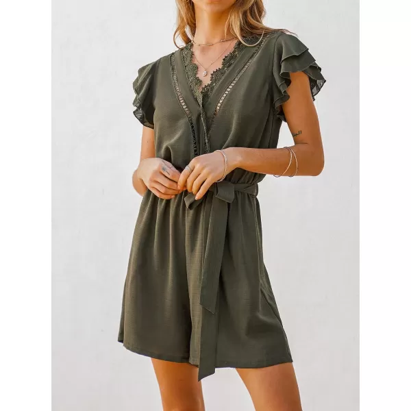 imageCUPSHE Womens Scalloped Lace Ruffled Belted Romper V Neck Jumpsuits Wide Leg Outfit CasualDark Green