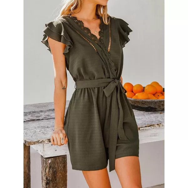 imageCUPSHE Womens Scalloped Lace Ruffled Belted Romper V Neck Jumpsuits Wide Leg Outfit CasualDark Green