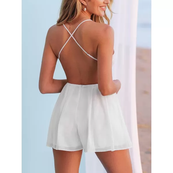 imageCUPSHE Womens Scalloped Lace V Neck Short Romper Cami Straps Mini JumpsuitWhite