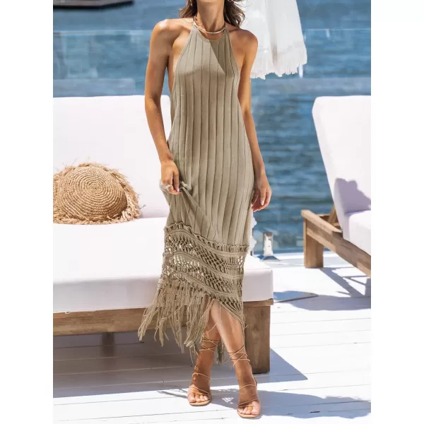 imageCUPSHE Womens Scoop Neck Backless Dress Formal Dress Sleeveless Bodycon A Line Rib Fringe Tassel Long Maxi DressKhaki