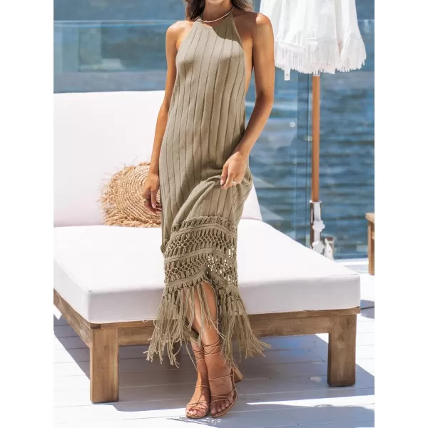 imageCUPSHE Womens Scoop Neck Backless Dress Formal Dress Sleeveless Bodycon A Line Rib Fringe Tassel Long Maxi DressKhaki