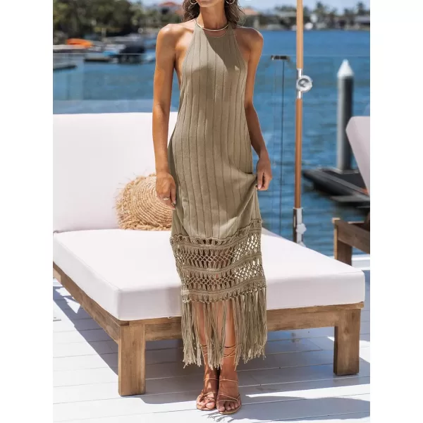 imageCUPSHE Womens Scoop Neck Backless Dress Formal Dress Sleeveless Bodycon A Line Rib Fringe Tassel Long Maxi DressKhaki