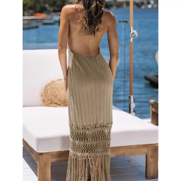 imageCUPSHE Womens Scoop Neck Backless Dress Formal Dress Sleeveless Bodycon A Line Rib Fringe Tassel Long Maxi DressKhaki