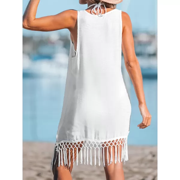 imageCUPSHE Womens Scoop Neck Bathing Suit Cover Up Tassel Hem Summer Swim Coverups with PocketWhite