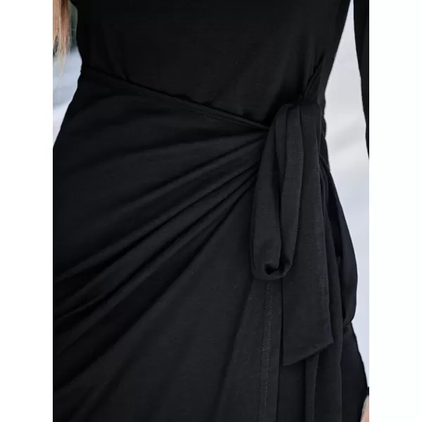 imageCUPSHE Womens Scoop Neck Belted Long Sleeve Wrap Midi Dress Casual Bodycon Short DressBlack