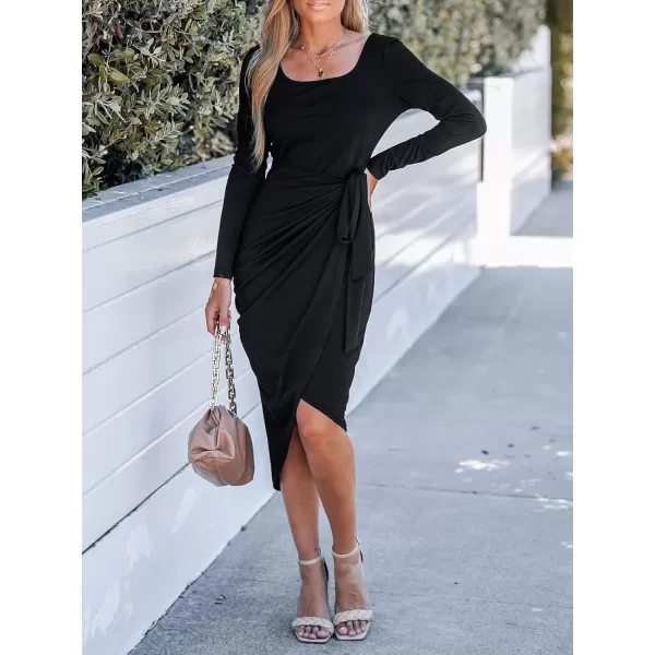 imageCUPSHE Womens Scoop Neck Belted Long Sleeve Wrap Midi Dress Casual Bodycon Short DressBlack