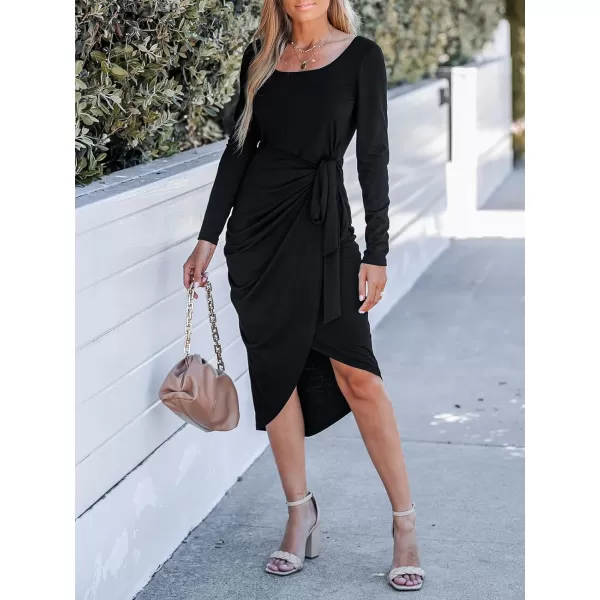 imageCUPSHE Womens Scoop Neck Belted Long Sleeve Wrap Midi Dress Casual Bodycon Short DressBlack
