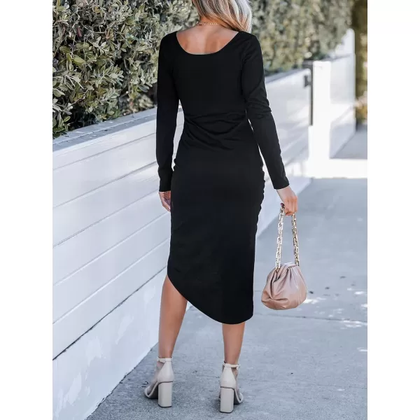 imageCUPSHE Womens Scoop Neck Belted Long Sleeve Wrap Midi Dress Casual Bodycon Short DressBlack