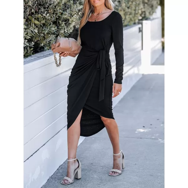 imageCUPSHE Womens Scoop Neck Belted Long Sleeve Wrap Midi Dress Casual Bodycon Short DressBlack