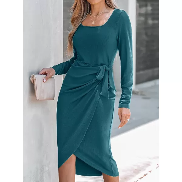 imageCUPSHE Womens Scoop Neck Belted Long Sleeve Wrap Midi Dress Casual Bodycon Short DressTeal