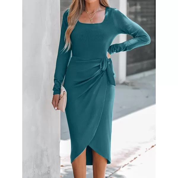 imageCUPSHE Womens Scoop Neck Belted Long Sleeve Wrap Midi Dress Casual Bodycon Short DressTeal
