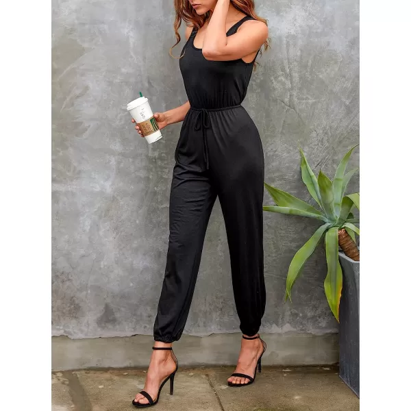 imageCUPSHE Womens Scoop Neck Drawstring Jogger Romper Tank Jumpsuit Cami Straps OutfitBlack