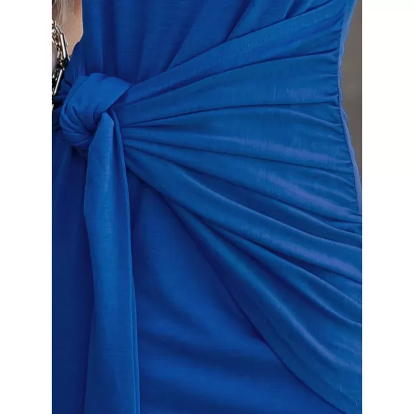 imageCUPSHE Womens Scoop Neck Knotted Sash Short Dress Belted Bodycon Formal Dress Pleated Mini DressBlue