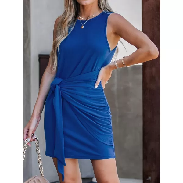 imageCUPSHE Womens Scoop Neck Knotted Sash Short Dress Belted Bodycon Formal Dress Pleated Mini DressBlue