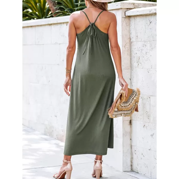 imageCUPSHE Womens Scoop Neck Rib ButtonFront Sleeveless Long Dress Sleeveless Cami Maxi DressOlive Green
