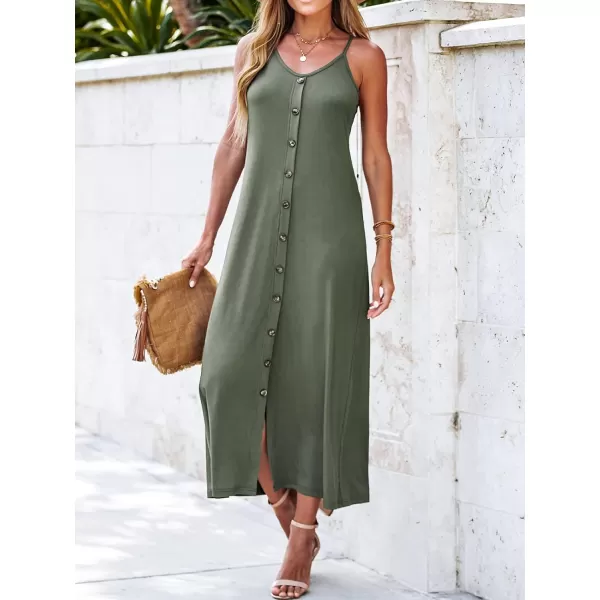 imageCUPSHE Womens Scoop Neck Rib ButtonFront Sleeveless Long Dress Sleeveless Cami Maxi DressOlive Green