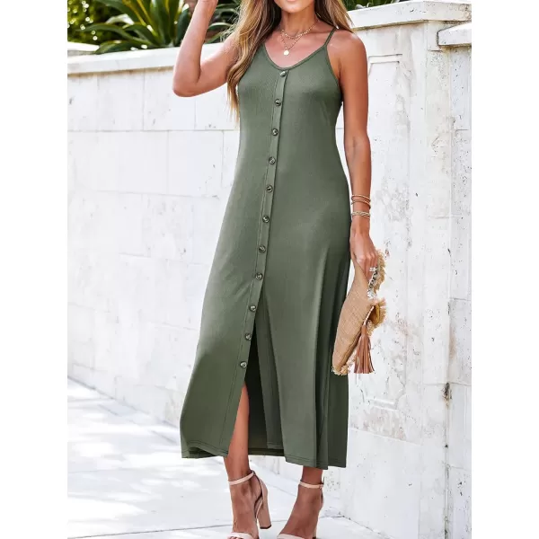 imageCUPSHE Womens Scoop Neck Rib ButtonFront Sleeveless Long Dress Sleeveless Cami Maxi DressOlive Green