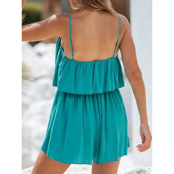 imageCUPSHE Womens Scoop Neck Shirring Teal Adjustable Cami Short Romper Elastic Waist Summer Casual Overalls Mini JumpsuitTeal
