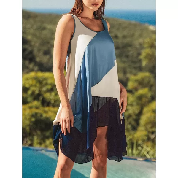imageCUPSHE Womens Scoop Neck Sleeveless Ruffled Hem Colorblock Mini CoverUp DressBlue