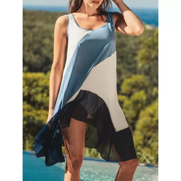 imageCUPSHE Womens Scoop Neck Sleeveless Ruffled Hem Colorblock Mini CoverUp DressBlue