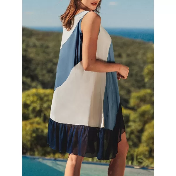 imageCUPSHE Womens Scoop Neck Sleeveless Ruffled Hem Colorblock Mini CoverUp DressBlue