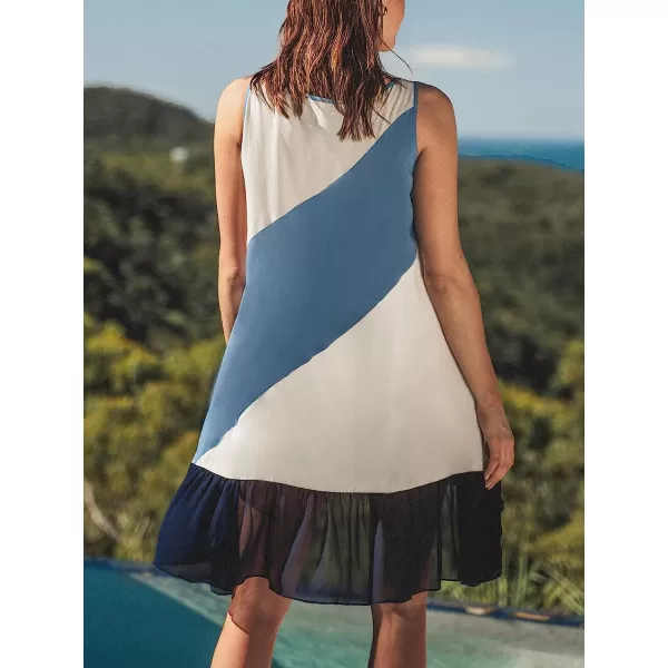 imageCUPSHE Womens Scoop Neck Sleeveless Ruffled Hem Colorblock Mini CoverUp DressBlue