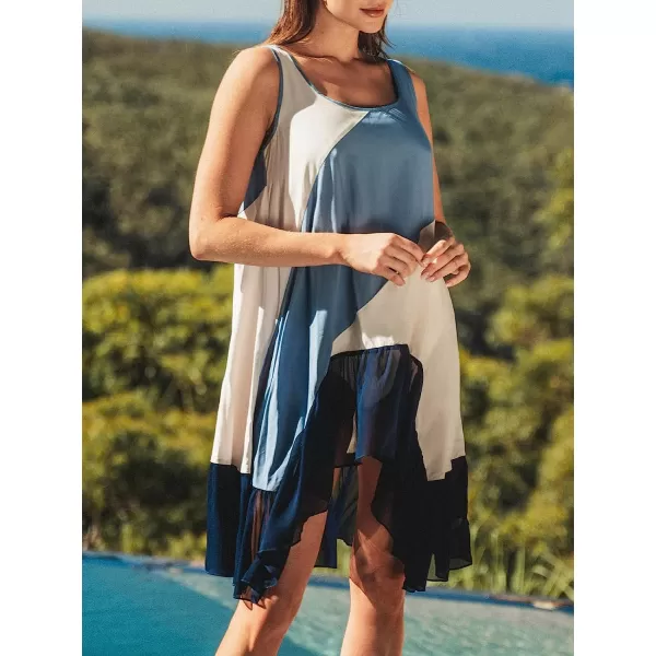 imageCUPSHE Womens Scoop Neck Sleeveless Ruffled Hem Colorblock Mini CoverUp DressBlue