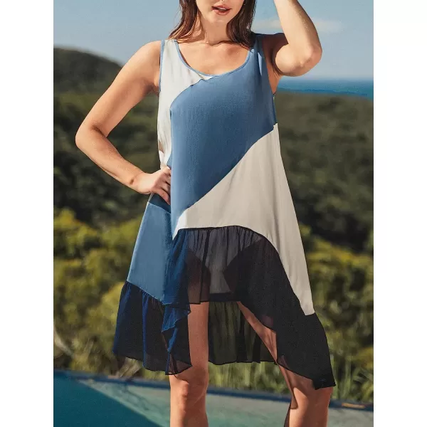 imageCUPSHE Womens Scoop Neck Sleeveless Ruffled Hem Colorblock Mini CoverUp DressBlue