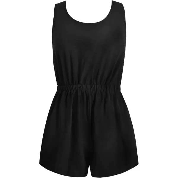 imageCUPSHE Womens Scoop Neck Sleeveless Short Romper Elastic Waist A Line Mini JumpsuitBlack
