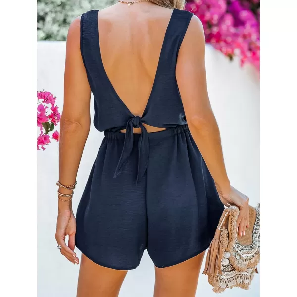 imageCUPSHE Womens Scoop Neck Sleeveless Short Romper Elastic Waist A Line Mini JumpsuitNavy Blue