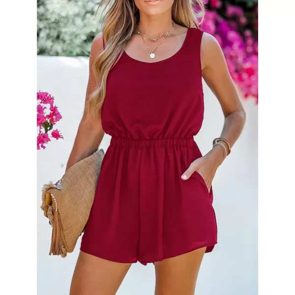 imageCUPSHE Womens Scoop Neck Sleeveless Short Romper Elastic Waist A Line Mini JumpsuitRed