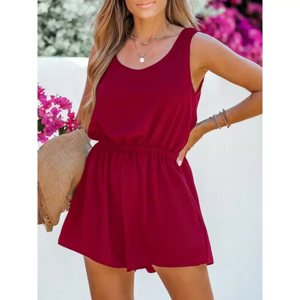 imageCUPSHE Womens Scoop Neck Sleeveless Short Romper Elastic Waist A Line Mini JumpsuitRed