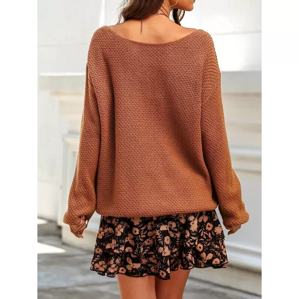 imageCUPSHE Womens Scoop Neck Sweater Long Sleeve Casual Knitted Pullover SweaterBrown