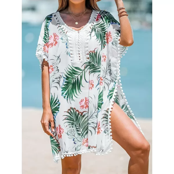 imageCUPSHE Womens Scoop Neck Tropical Floral Print Tassel Slit CoverUp Short Sleeves Mini DressWhite Floral