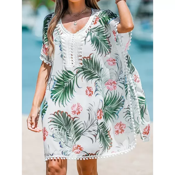 imageCUPSHE Womens Scoop Neck Tropical Floral Print Tassel Slit CoverUp Short Sleeves Mini DressWhite Floral